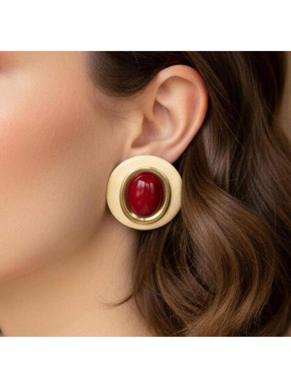 EARRINGS VTG Costume Jewelry for women 1.75” Round Ruby Red